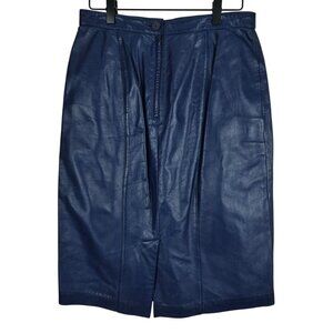 Vintage Evan Davies Blue Skirt Size 10 Genuine Leather Knee-Length Pleated Korea